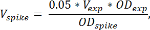 Equation for calculating Vspike in experimental setup, formula Vspike=(0.05*Vexp*ODexp)/ODspike.