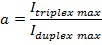 Equation for triplex to duplex intensity ratio, a=Iₜᵣᵢₚₗₑₓᵐₐₓ/I_dᵤₚₗₑₓᵐₐₓ, formula.