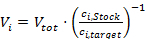 Dilution equation for solution preparation, formula image Vi=Vtot(ci,Stock/ci,target)^-1.
