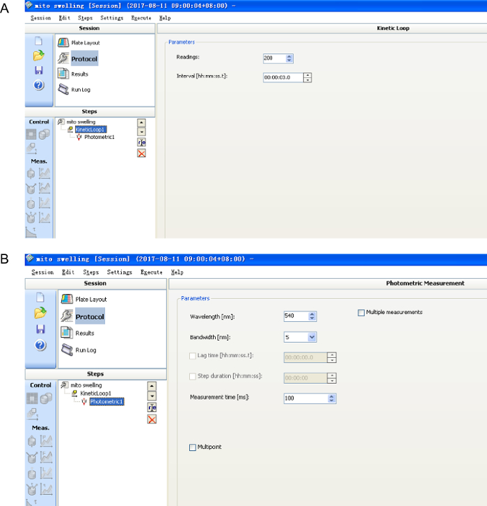 Photometric measurement setup for kinetic loop analysis; display of parameters.
