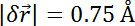 Vector magnitude equation, |δr⃗| = 0.75 Å, used in physics for spatial displacement measurement.