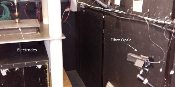Electrostatic setup with electrodes and fiber optic for ionization spectroscopy study diagram.