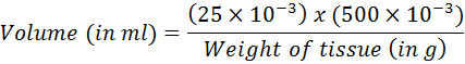 Volume calculation equation for tissue sample analysis; formula: (25×10^-3)×(500×10^-3)/Weight.