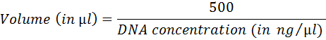 Volume calculation formula for DNA dilution diagram, Volume = 500 / DNA concentration (ng/μl).