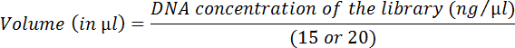 Formula for calculating DNA library concentration volume, featuring DNA concentration ratio.