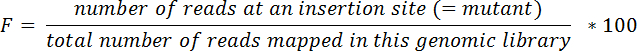 Equation for genomic library mutant frequency; ratio of mutant reads to total reads as percent.