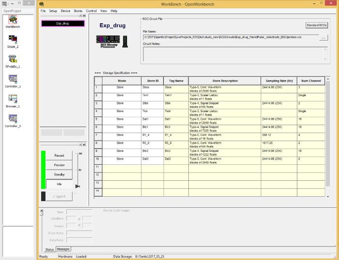 OpenWorkbench software interface, data storage specification chart, experimental setup, sampling rates.