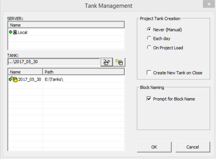 Tank management interface for data storage setup with local server and tank directory configuration.