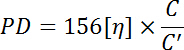 Polymerization degree formula PD=156[η]×C/C' equation for polymer science calculations.