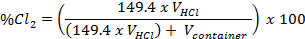 Static equilibrium formula for Cl2 concentration, V_HCl variable in chemistry equation.