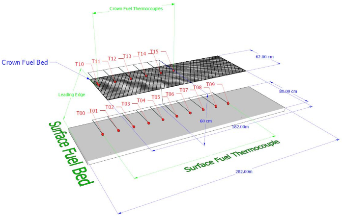 figure-protocol-5 Surface fuel bed, crown fuel bed diagram, thermocouple setup for temperature measurement in fire studies.