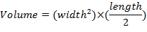 Volume calculation, equation formula, showing \( volume = width^2 \times \frac{length}{2} \).