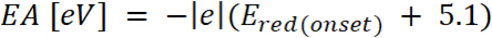 Electron affinity equation, EA [eV], diagram in energy calculations, formula for redox potential.