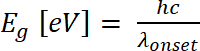 Band gap energy formula \(E_g [eV] = \frac{hc}{\lambda_{onset}}\), key in optical studies.