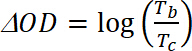 Optical density change equation: ΔOD = log(Tb/Tc), related to absorbance measurement.