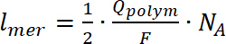 Polymer length equation \( l_{mer} = \frac{1}{2} \cdot \frac{Q_{polym}}{F} \cdot N_A \) formula.