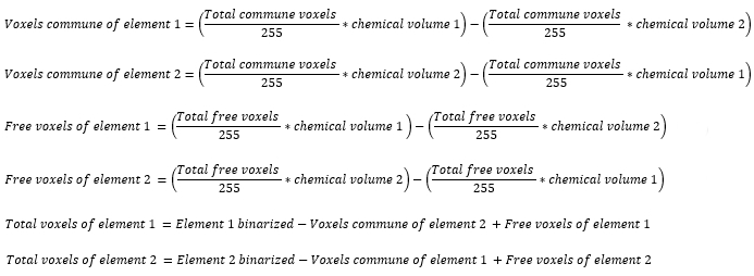 Voxel calculation formulas for element analysis in a diagram; includes commune and free voxel equations.