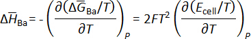 Thermodynamic equations for electrochemical cell; ΔH, Gibbs free energy, Ecell differentiation.