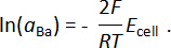 Electrochemical cell equation, ln(a_Ba)=-2F/RT E_cell, diagram for equilibrium analysis.