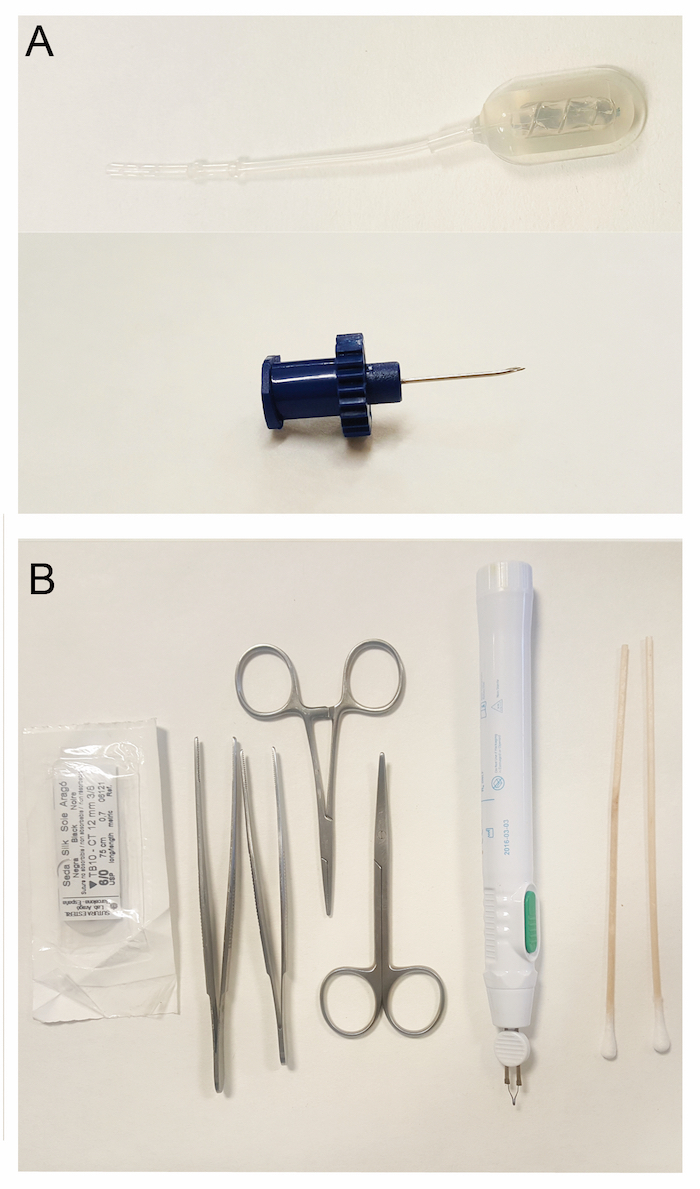 Medical instrument setup for surgical procedures; includes needle, suture, forceps, scissors.