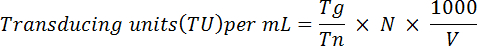Transducing units calculation formula, showing equation for determining TU per mL with variables.