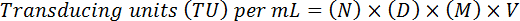 Transducing units formula equation: TU/mL = (N)×(D)×(M)/V, relevant for gene transfer analysis.