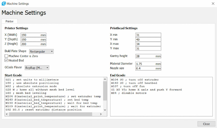 figure-protocol-2 3D printing setup configuration; printer settings, GCode parameters display; machine calibration.