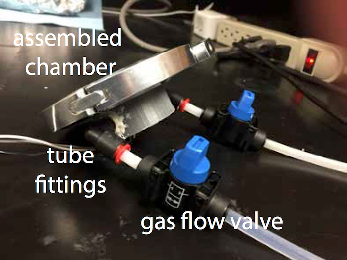 figure-protocol-5 Gas valve setup with assembled chamber, tube fittings for flow control analysis; experimental diagram.