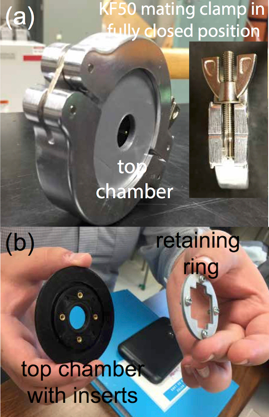 figure-protocol-7 KF50 vacuum chamber setup: top chamber, mating clamp, retaining ring for secure sealing analysis.