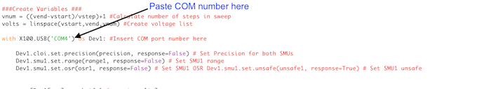 figure-protocol-8 Python code snippet for setting communication with X100 USB, precision, range, and OSR configuration.