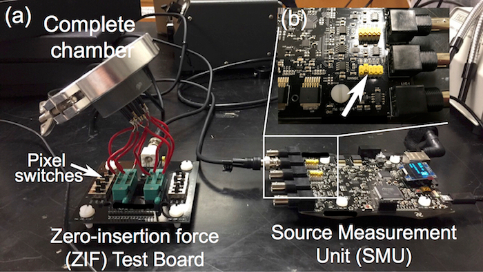 figure-protocol-9 ZIF test board and SMU setup with complete chamber for electronic measurement and analysis.