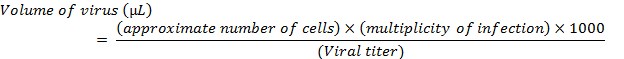 Virus volume calculation formula using cell count, MOI, and viral titer for lab results analysis.