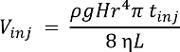 fluid dynamics equation, V_inj=ρgHr⁴πt_inj/8ηL, formula for volume flow rate
