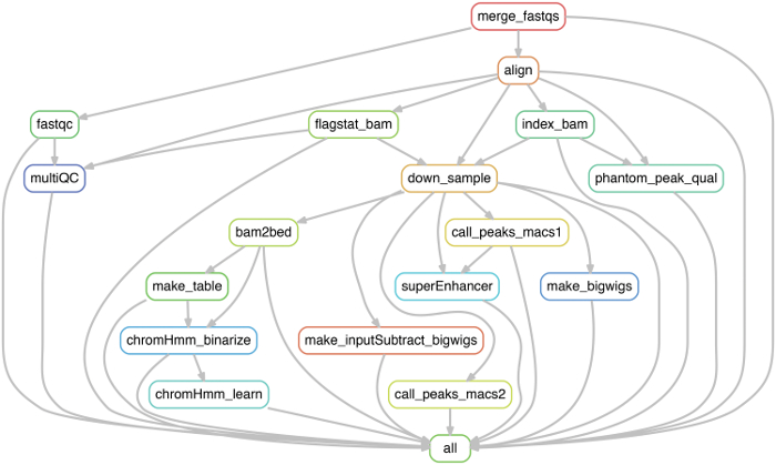 figure-results-3 Genomic data analysis workflow diagram, showing sequencing, alignment, peak calling processes.