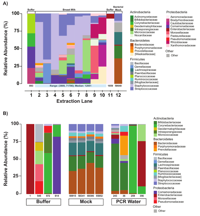 Microbial community composition; bar chart; DNA extraction lanes; relative abundance analysis; PCR setup.