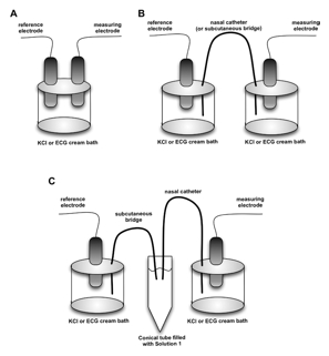 Electrode setup diagram for KCl or ECG bath; reference and measuring electrodes; nasal catheter.