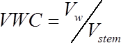 Volumetric Water Content (VWC) equation, VWC = Vw/Vstem, formula in scientific study.