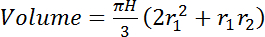 Volume calculation formula for a frustum shown in equation: πH/3(2r1² + r1r2).