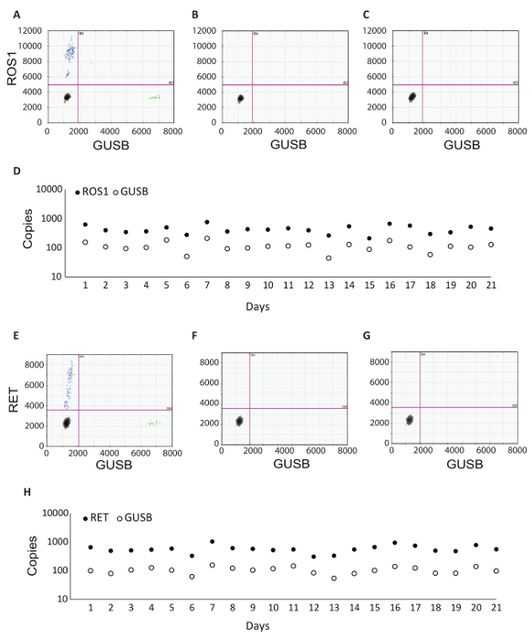 Flow cytometry analysis and qPCR graphs showing ROS1, RET, and GUSB gene expression over 21 days.
