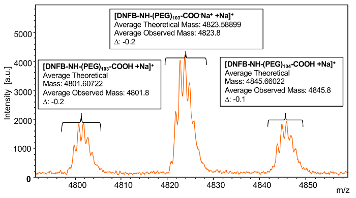 figure-results-7 Mass spectrometry graph with peaks; average theoretical and observed mass data for PEG analysis.