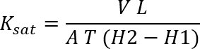 Saturated hydraulic conductivity formula \(K_{sat}=VL/[A \cdot T \cdot (H2-H1)]\), equation display.