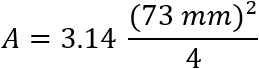 Area calculation formula, A=3.14(73mm)^2/4, shows geometric computation for circle's area.