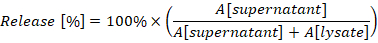 Equation for protein release percentage in supernatant and lysate comparison.