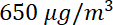Concentration value, 650 micrograms per cubic meter (μg/m³), scientific measurement symbol.