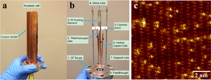 figure-results-1 Knudsen cell setup, copper rods, thermocouple wire; atomic resolution microscopy, material structure.