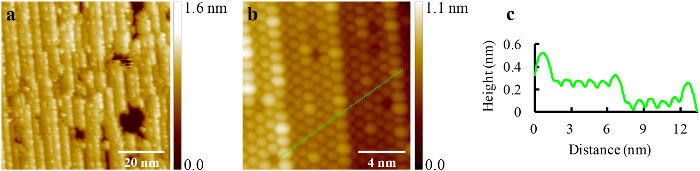 figure-results-3 Atomic force microscopy, AFM images with height profile graph; nanoscale surface analysis.