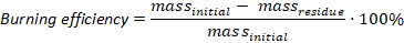 Burning efficiency formula; diagram of mass_initial - mass_residue over mass_initial; combustion calculation.