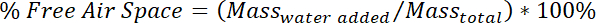 Free air space calculation formula, (% Free Air Space = (Mass_water added / Mass_total) * 100%).
