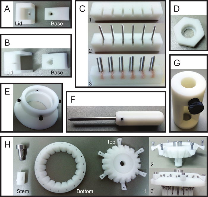 Static equilibrium apparatus components diagram, including assembly and positioning pins setup.