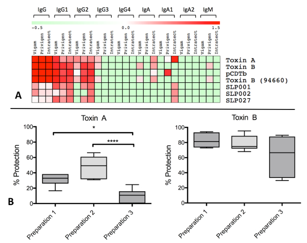 figure-results-5 Heatmap and box plots showing IgG/IgA levels and protection efficacy against Toxin A/B, study results.